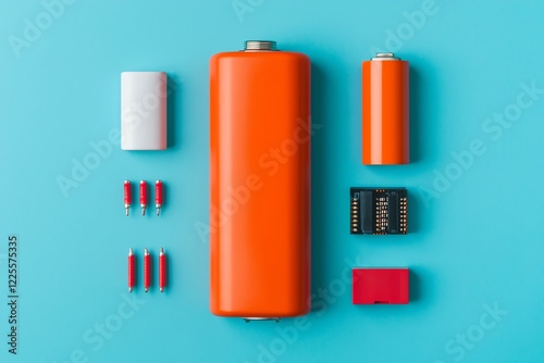 Colorful batteries and accessories on a bright turquoise background.