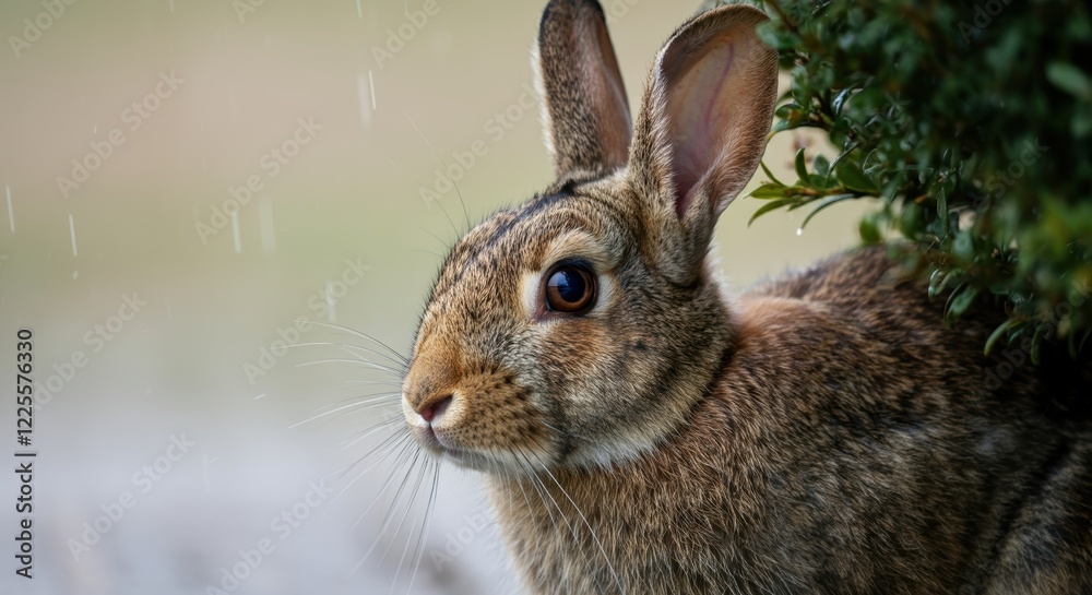 Close-up of a rabbit in rainy natural setting with lush greenery Close-up of a rabbit in rainy natural setting with lush greenery