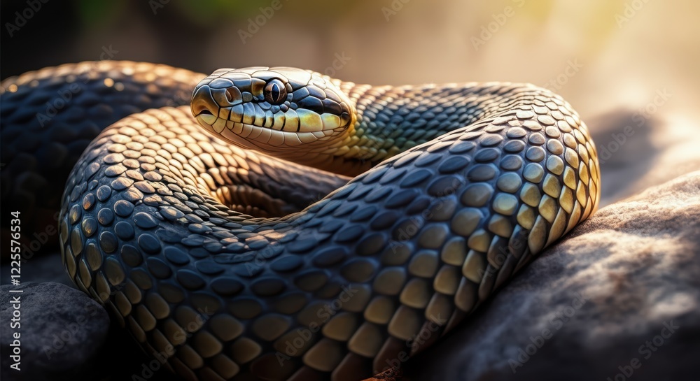 Close-up of a coiled snake with sunlit scales in a natural habitat Close-up of a coiled snake with sunlit scales in a natural habitat