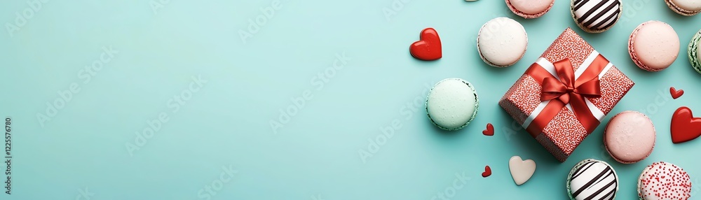 Obraz premium Colorful macarons and a gift box on a pastel background for a festive celebration.