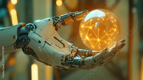 Robotic Hand Gently Holding a Glowing Orb with A Futuristic Concept of Technological Advancement