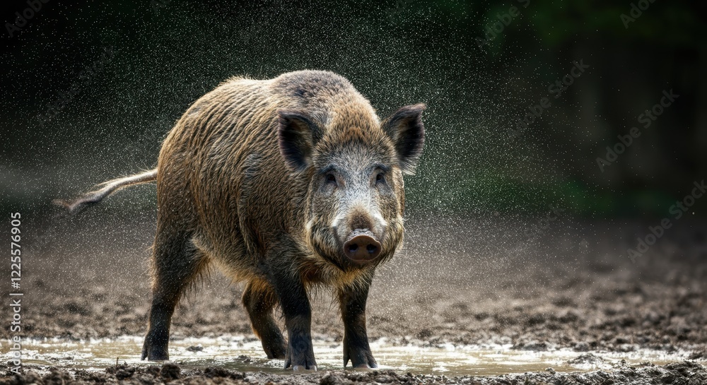 Wild boar in muddy puddle with water droplets spraying in forest environment Wild boar in muddy puddle with water droplets spraying in forest environment