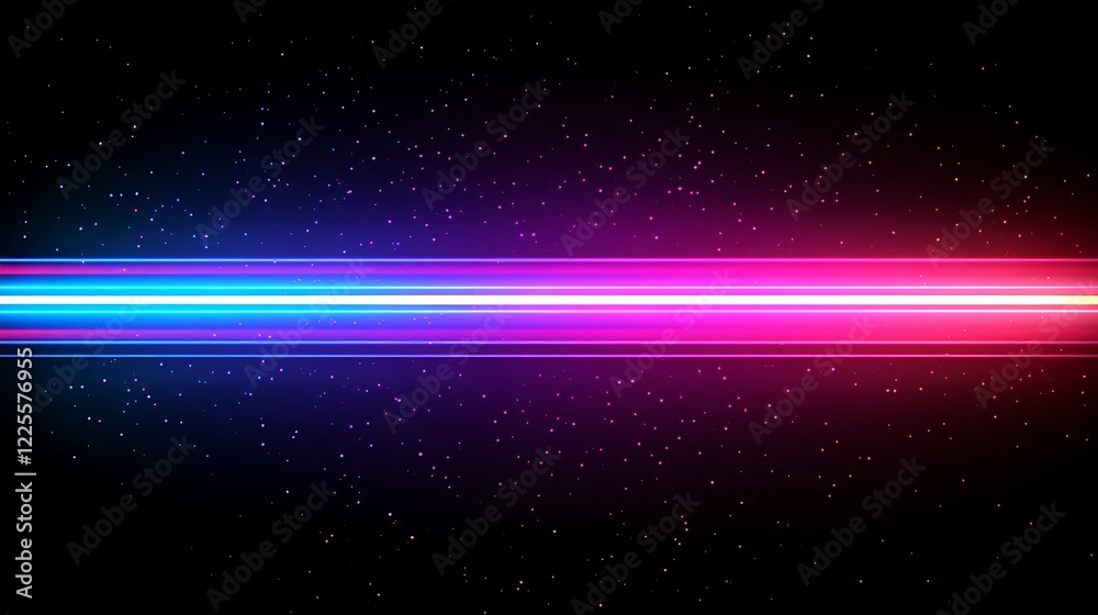 Obraz premium stark contrast of bright, horizontal neon lines against a dark, starry backdrop