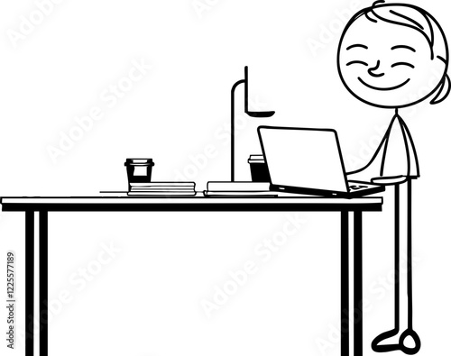 Simple line drawing of a person standing at a desk and working on a laptop in an office environment. Line drawing. Minimalistic design emphasizes productivity, professionalism and modern work culture.