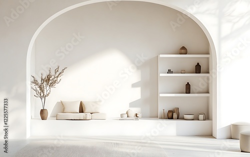 Modern white wall featuring floating shelves and a soft arch, minimalist home interior with clean lines and simple decor, neutral tones