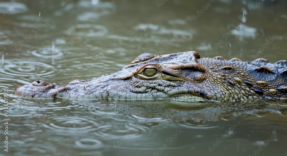 Crocodile partially submerged in rainy wetland waters Crocodile partially submerged in rainy wetland waters