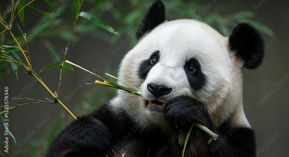 Giant panda eating bamboo in natural habitat Giant panda eating bamboo in natural habitat