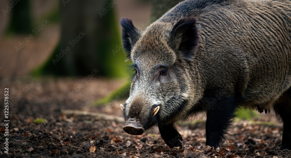 Wild boar in forest habitat: majestic adult animal surrounded by woodland scenery Wild boar in forest habitat: majestic adult animal surrounded by woodland scenery