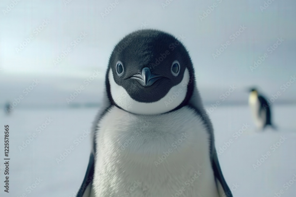 Fototapeta premium A close-up of a penguin in a snowy landscape, showcasing its distinctive black and white coloring and curious expression.