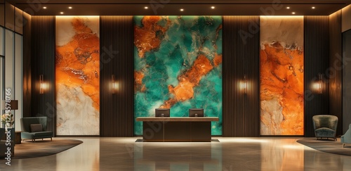Luxury Hotel Lobby: A modern hotel lobby with a grand marble reception desk and a stunning abstract wall art installation, creating an atmosphere of elegance and sophistication. 