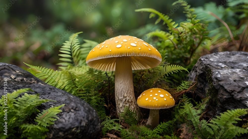 Vibrant Yellow Mushrooms Amidst Lush Green Ferns Vibrant Yellow Mushrooms Amidst Lush Green Ferns