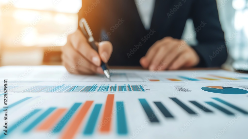 Focused professional analyzing financial data with charts and graphs on a document. Focused professional analyzing financial data with charts and graphs on a document.
