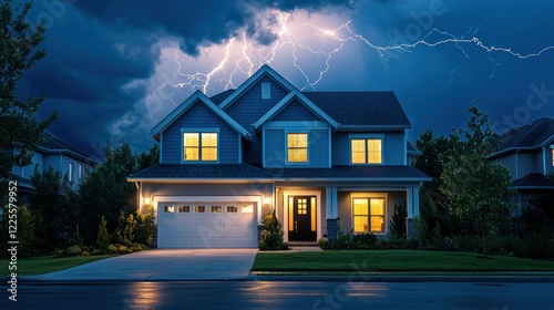 House in a Lightning Storm at Night