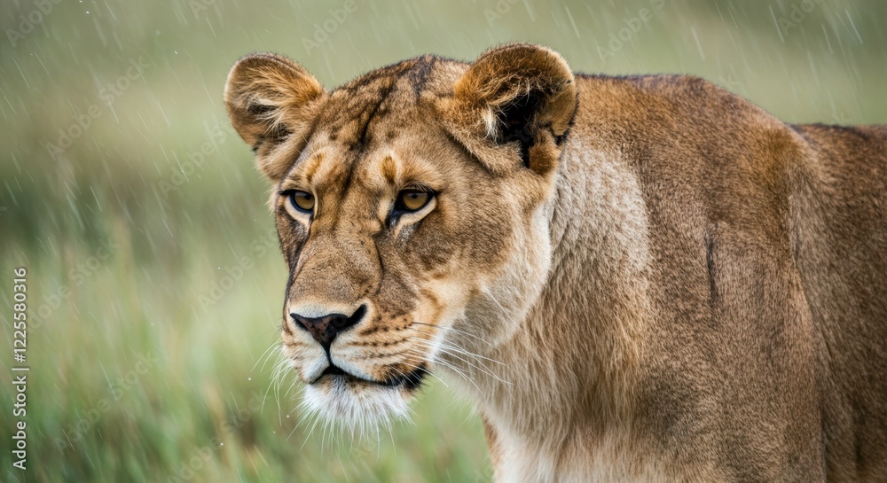 Majestic african lioness in rainy grassland habitat Majestic african lioness in rainy grassland habitat