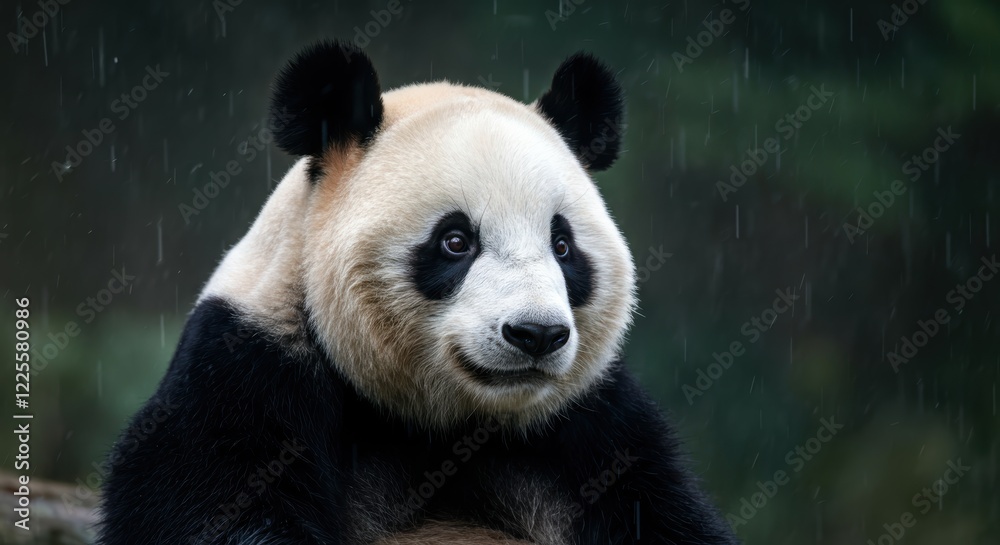 Giant panda in rainy forest habitat with soft black and white fur Giant panda in rainy forest habitat with soft black and white fur