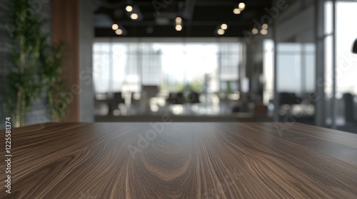 Close-up of a rich brown wooden table surface with a blurred modern office in the background featuring glass windows, plants, and ambient lighting. Perfect for workspace visuals, product presentations