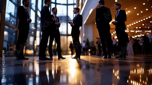 Blurred Corporate Event Reception - Reception area of a corporate event with attendees blurred in the background.
