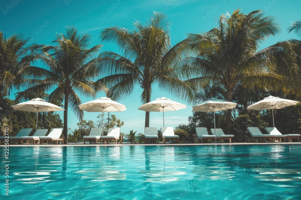 idyllic resort pool with palm trees umbrellas and loungers under sun peaceful poolside setup at european resort featuring idyllic resort pool with palm trees umbrellas and loungers under sun peaceful poolside setup at european resort featuring