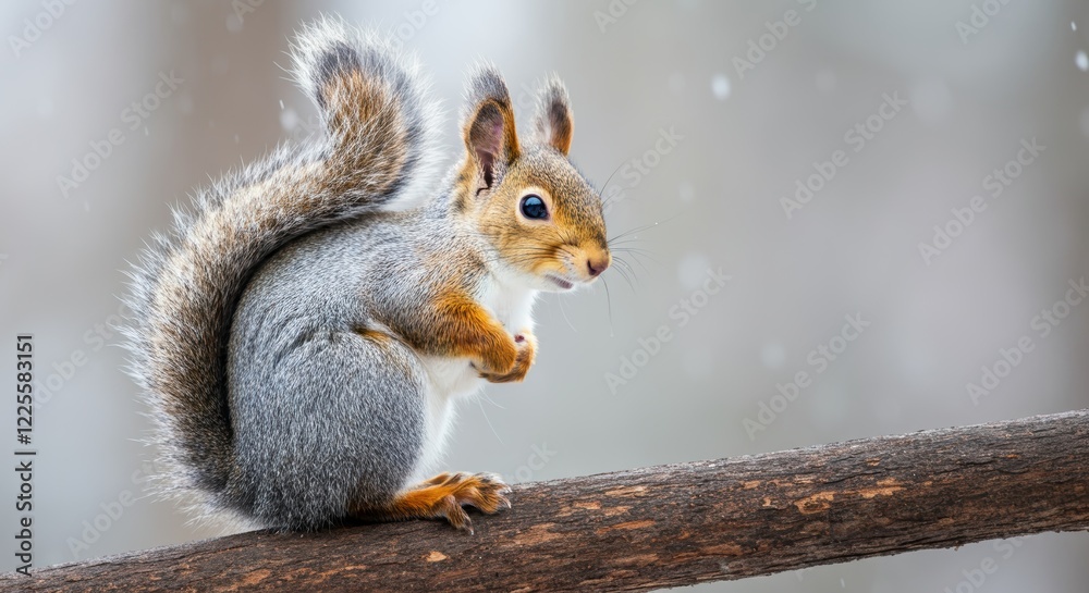 Cute squirrel perched on tree branch in winter snowfall Cute squirrel perched on tree branch in winter snowfall