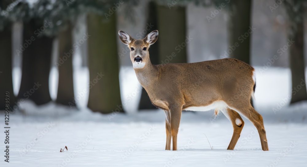 Graceful deer in winter landscape with snow and trees in background Graceful deer in winter landscape with snow and trees in background