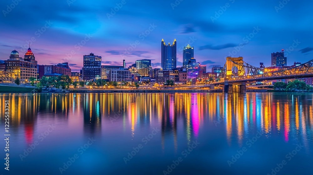 Vibrant city skyline at dusk reflecting on the water, showcasing urban architecture and lively colors Vibrant city skyline at dusk reflecting on the water, showcasing urban architecture and lively colors