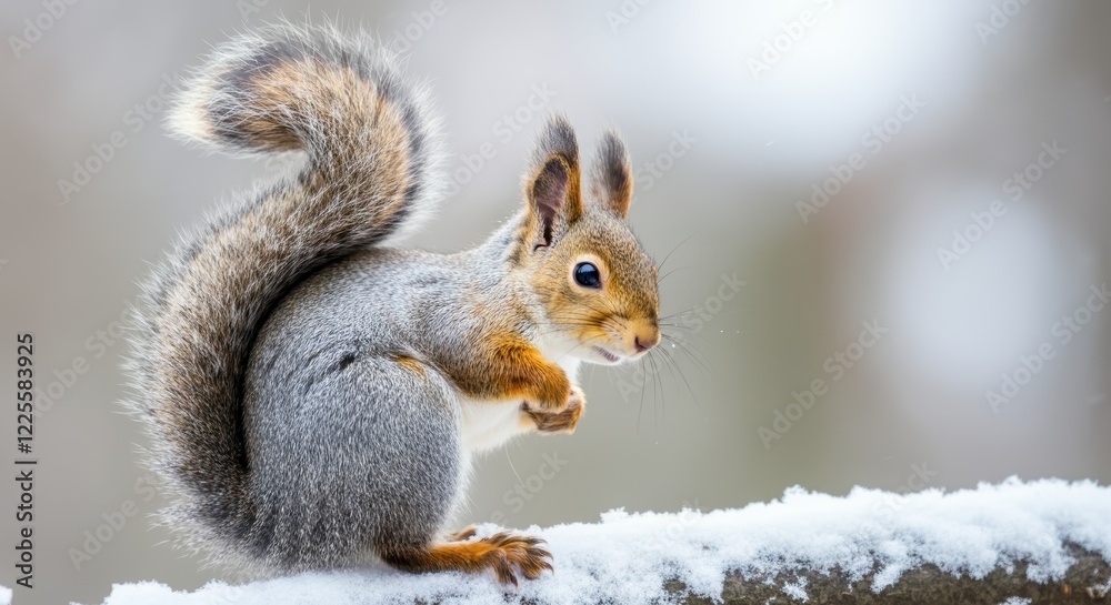 Adorable squirrel perched on snowy branch in winter forest Adorable squirrel perched on snowy branch in winter forest