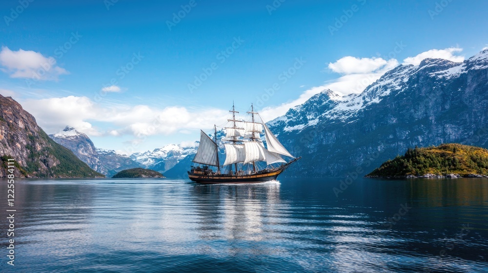Sailing ship in fjord, majestic mountains, calm waters, travel poster Sailing ship in fjord, majestic mountains, calm waters, travel poster