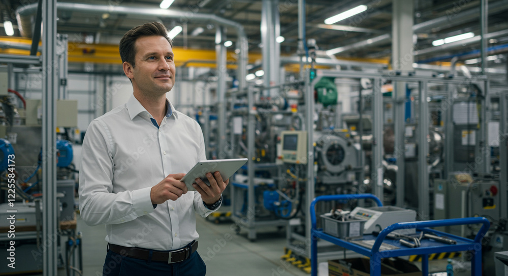 Man with tablet in factory production setting analyzing industrial machines and operations Man with tablet in factory production setting analyzing industrial machines and operations