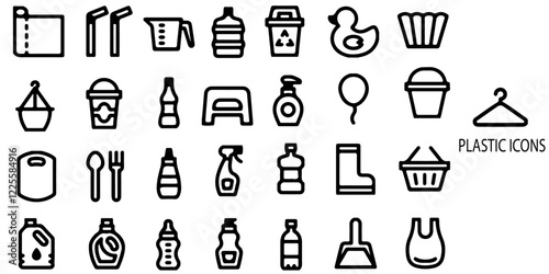 Plastic simple concept 28 icons set. Contains such Disposable tableware, water bottle, blister pack, container, canister, garbage bag, bubble .Vector illustration.