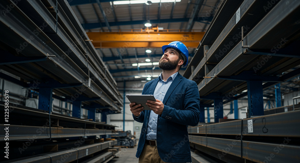 Man with tablet device in industrial worker attire inspecting materials in warehouse Man with tablet device in industrial worker attire inspecting materials in warehouse