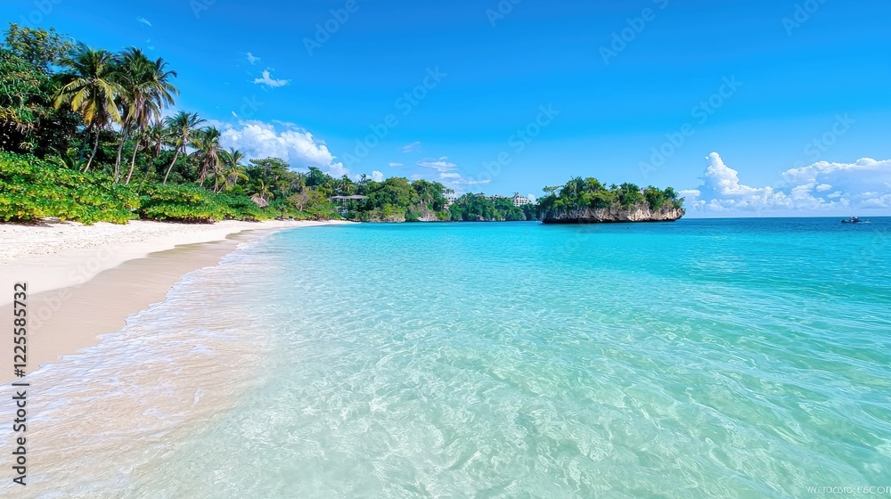 Fototapeta premium Tropical beach paradise, turquoise water, palm trees, relaxing vacation getaway