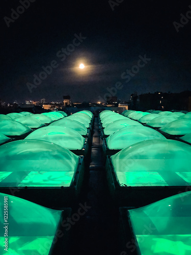 perspective from lamps, green light through spherical windows. the roof of the museum with glowing windows in green color on the background of the night city. cimena location. Kyiv photo