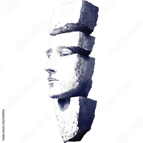 Ancient stone sculptures of unknown origin. Faces carved in rock. Halftone effect with dots.   
