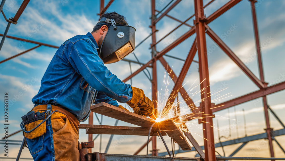 AI-generated images of a working welder on the construction site AI-generated images of a working welder on the construction site