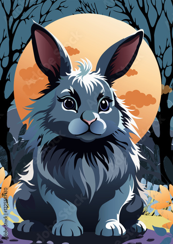 Cute rabbit with orange flowers under the moon on the dark blue background