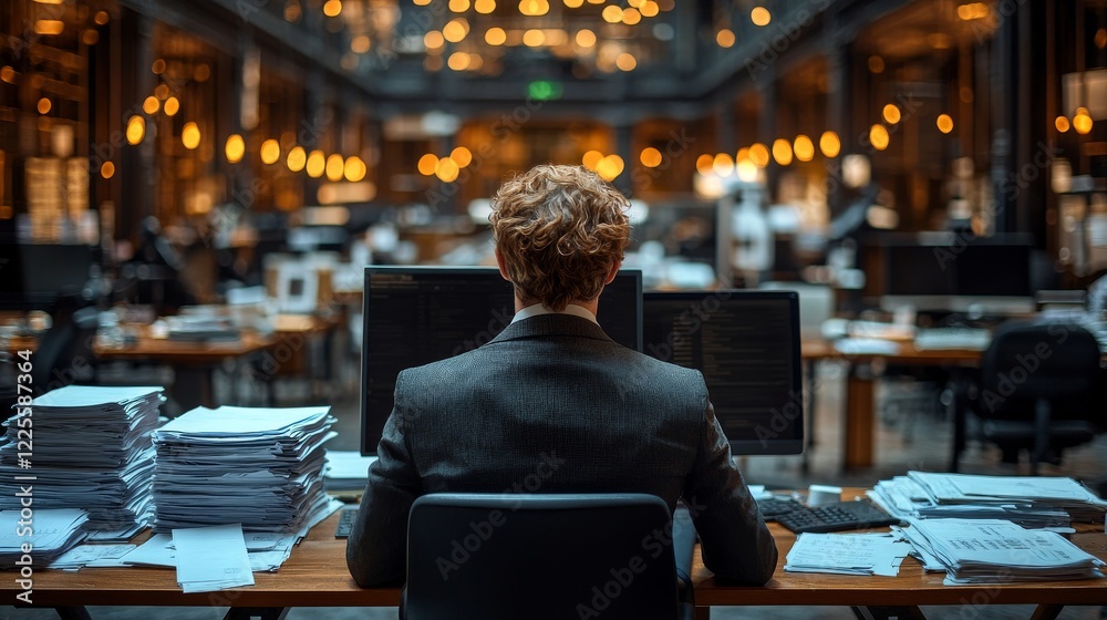 Busy workspace filled with documents and warm lighting fosters focus and creativity during late hours in a modern office setting Busy workspace filled with documents and warm lighting fosters focus and creativity during late hours in a modern office setting