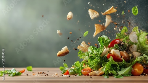 Food waste falling in the air from a pile of discarded meals in a restaurant setting