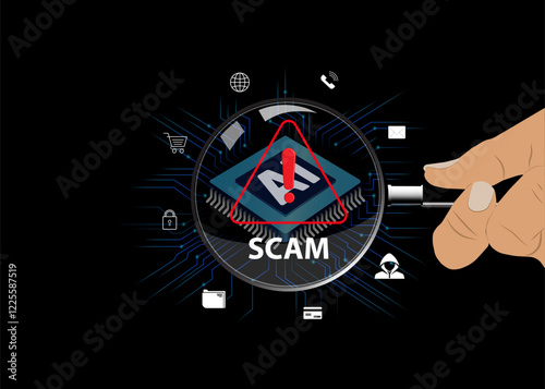 Artificial Intelligence tech warning or scam concept. A Hand holding magnifying glass highlighting warning sign for scams.
