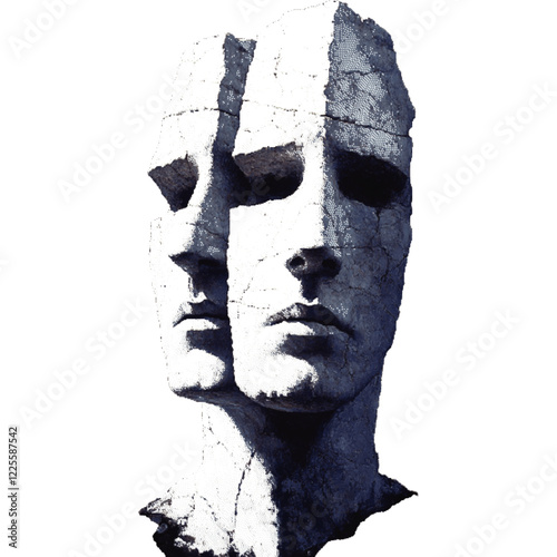Ancient stone sculptures of unknown origin. Faces carved in rock. Halftone effect with dots.   