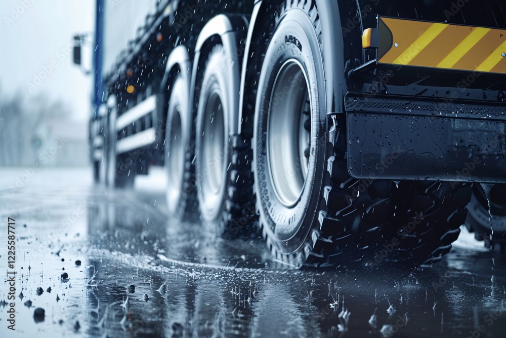 Truck wheels on a wet road