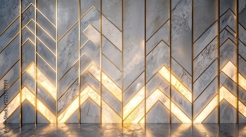 Modern Chevron Patterned Marble Wall with Elegant Gold Trim - made with Generative AI photo