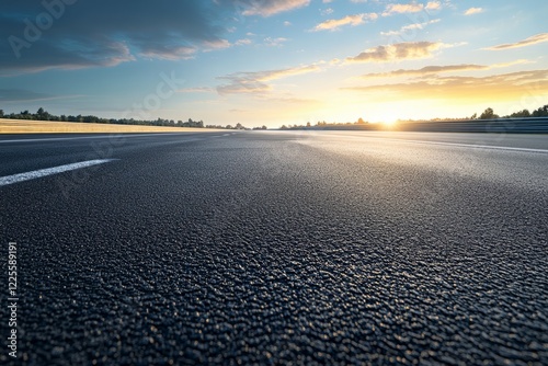 Obraz na płótnie Sunset light reflecting on a smooth asphalt road stretching toward the horizon under a dramatic sky filled with clouds w salonie