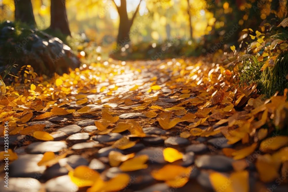 A tranquil forest path in autumn is adorned with a stunning carpet of golden leaves, beautifully illuminated by the soft light of the early morning hours
