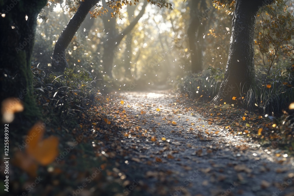 Magical autumn pathway surrounded by vibrant foliage in a misty forest during the early morning hours