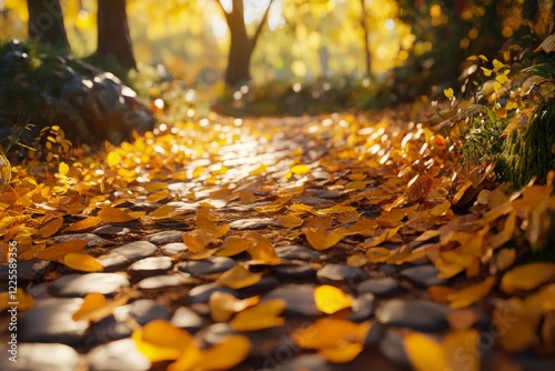 Obraz na płótnie A tranquil forest path in autumn is adorned with a stunning carpet of golden leaves, beautifully illuminated by the soft light of the early morning hours w salonie