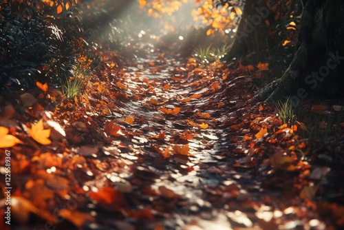 Obraz na płótnie Golden autumn leaves cover a winding path through the serene forest at dusk, inviting a peaceful walk among nature's beauty w salonie