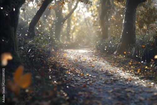 Obraz na płótnie Magical autumn pathway surrounded by vibrant foliage in a misty forest during the early morning hours w salonie