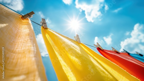 Various colorful clothes hanging on a clothesline under a clear blue sky, vibrant laundry drying outdoors in the sunlight colorful clothes hanging on a clothesline against a blue sky photo