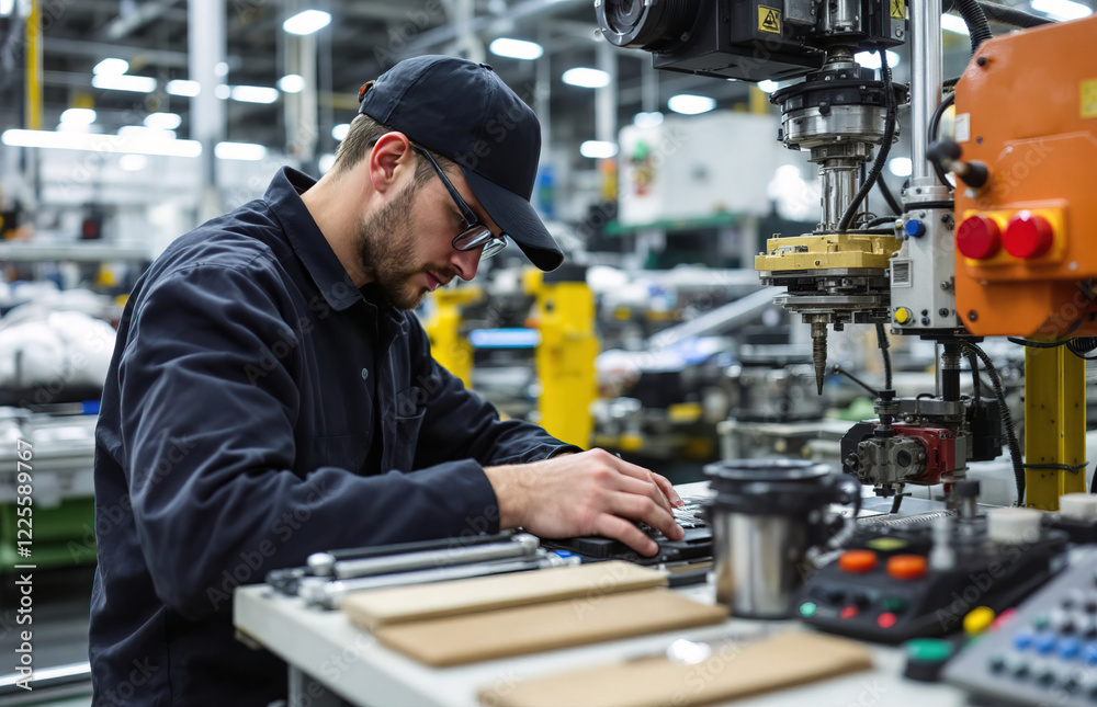 A worker focuses intently on assembling mechanical components in a busy manufacturing facility. The bright workspace is equipped with advanced machinery and tools, promoting efficiency A worker focuses intently on assembling mechanical components in a busy manufacturing facility. The bright workspace is equipped with advanced machinery and tools, promoting efficiency