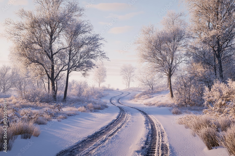 Obraz premium Snow-covered winding path through frosted trees under a clear winter sky during early morning light